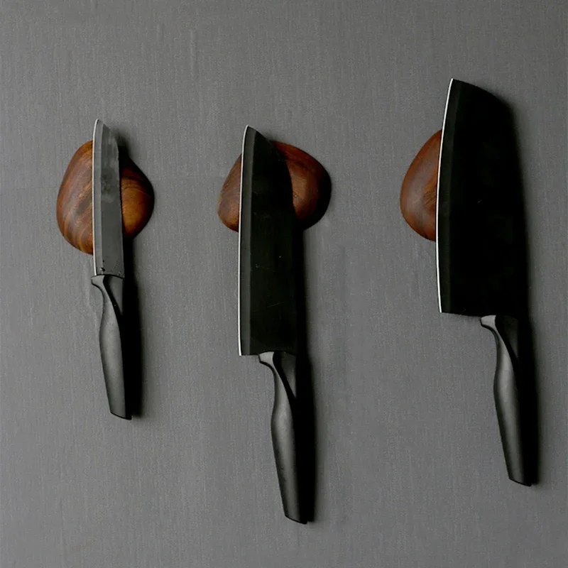 1-4 PCS Wood Magnetic Knife Holder Wall Mount Cobblestone Magnet Knife Rack Novel Kitchen Slicing Chef Knives Storage Block