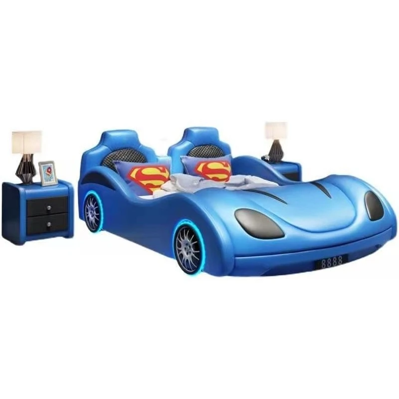 

Cool solid wood boy car bed with guardrail creative splicing leather bed