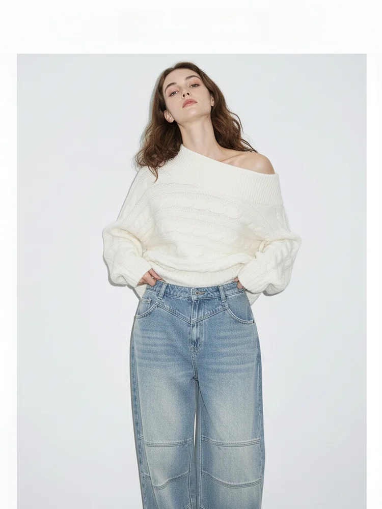 

Женский свободный вязаный свитер оверсайз с узором «косы» и цветочным принтом, осенне-зимний, шерстяной, повседневный, модный, с дизайнерским вырезом на плечах