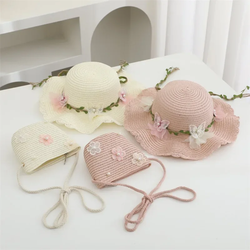 

S﻿ummer Children's Straw Hat Set with Shoulder Bag Cute Floral Hat And Tote for Girls Baby 2pcs Kids Sun Protection Accessory ﻿