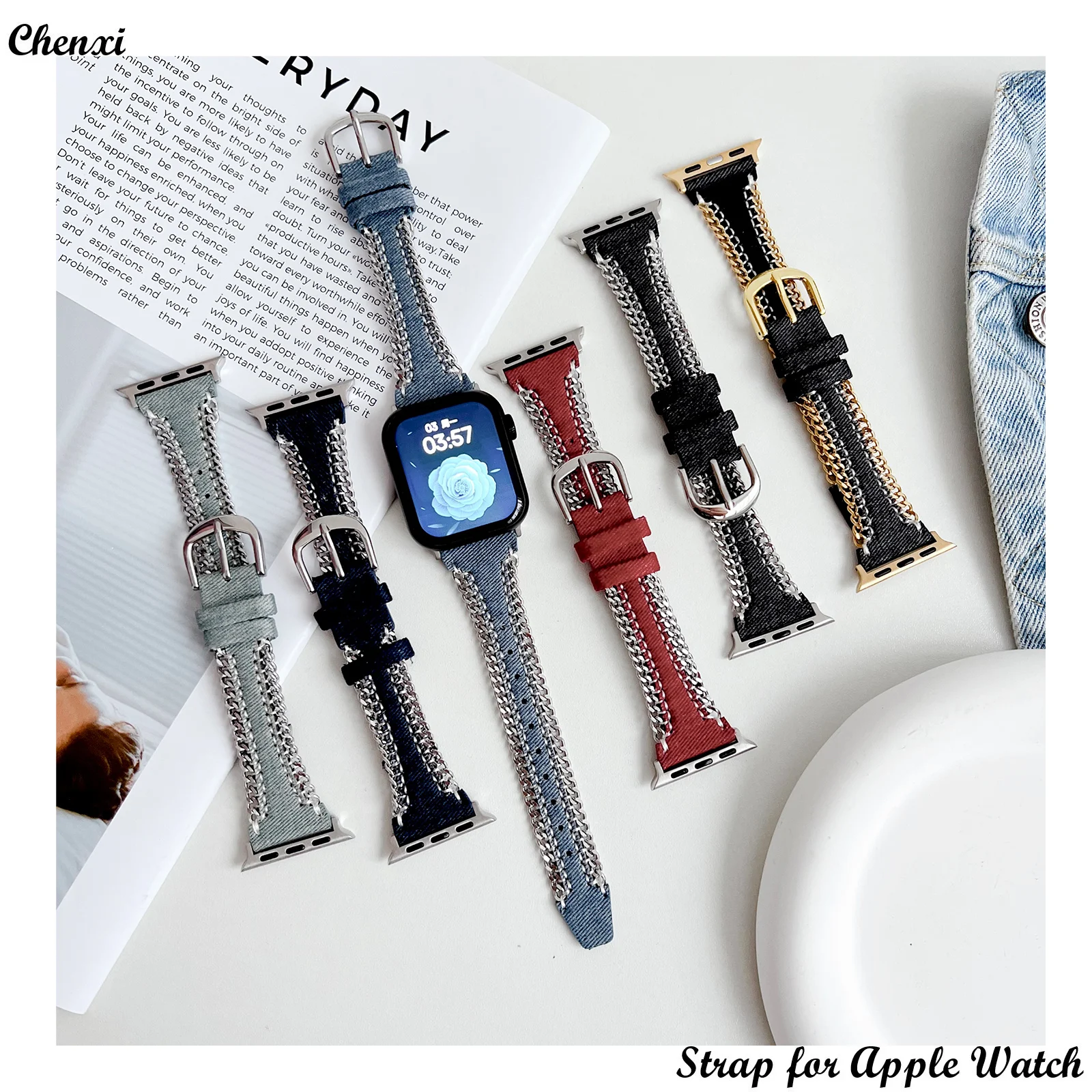 

Metal Zipper Strap Apple Watch with Handmade wire Denim Chain iwatch87654321SE Ultra40 41 42 44 45 49mm men's and women's wrist