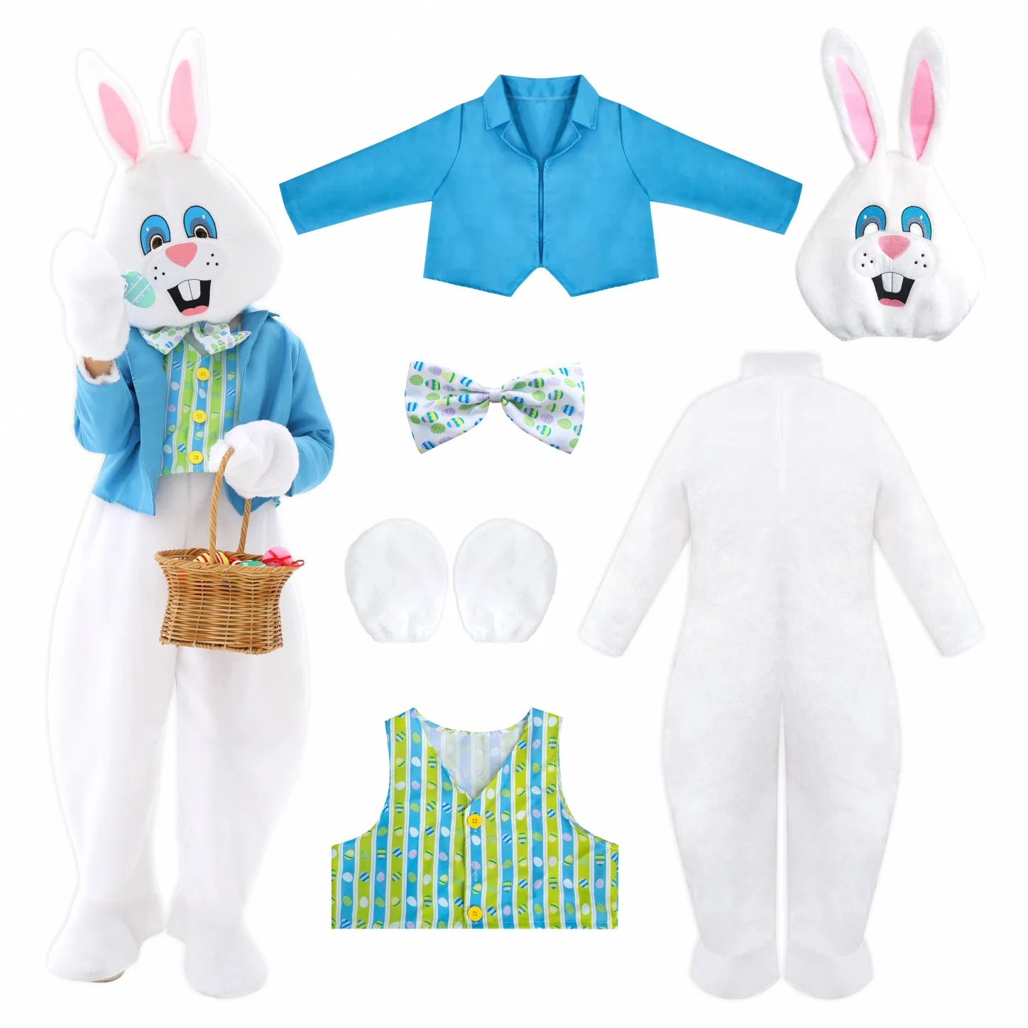 Disfraz de Conejo de Pascua, Conjunto Completo con Chaqueta Azul, Chaleco y Corbata de Moño para Adultos