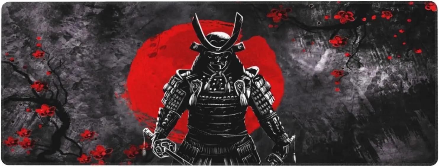 Japanese Sakura Samurai Gaming Mouse Pad 31.5 × 11.8 Inch Large Mouse Mat Non-Slip Rubber Desk Pad for Home Computer Office