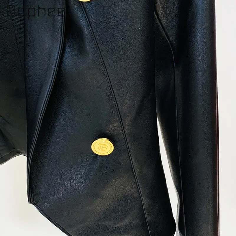 Jaket kulit elegan untuk wanita, jaket Blazer kulit elegan mode baru musim gugur dan musim dingin 2023, jaket Blazer kulit tanpa kerah Slim-Fit dua baris logam untuk wanita