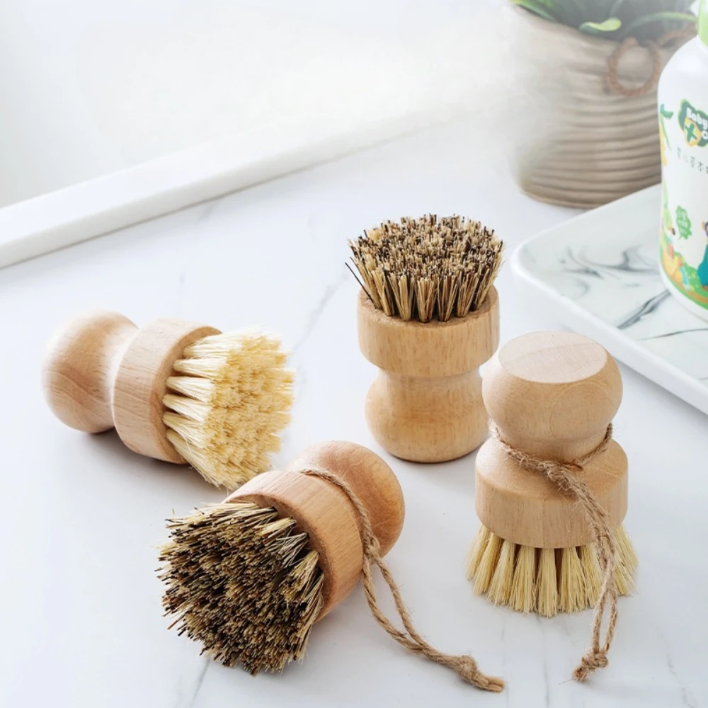 Palm Pot Brush Bamboo Round Mini Scrub Brush Natural Scrub Brush Wet Cleaning Scrubber for Wash Dishes Pots Pans Vegetable