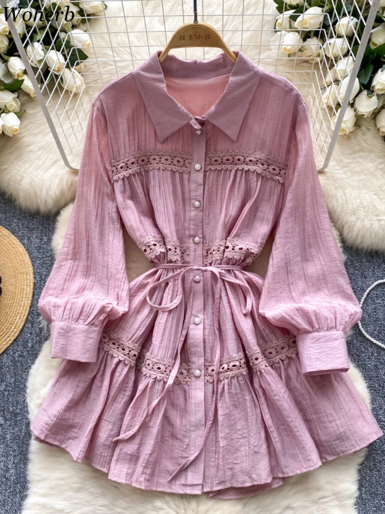 2024 Vestidos De Mujer Lace Patchwork Woman Dress Slim Waist Bandage All Match Autumn Robe Femme Vintage Single Breasted Dresses