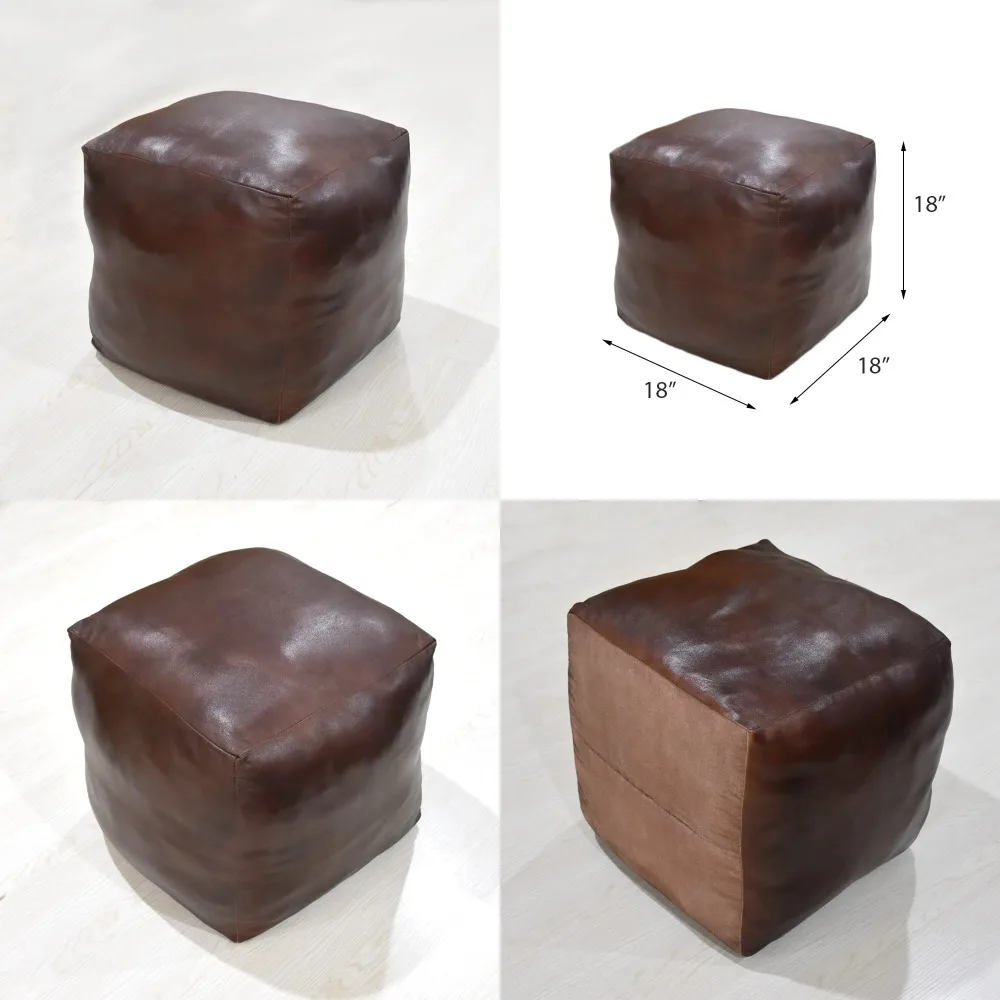 

Eco-Friendly Handmade Leather Pouf Ottoman Square 18x18x18in Goat Hide Living Room Bedroom Patio Seating, Customized