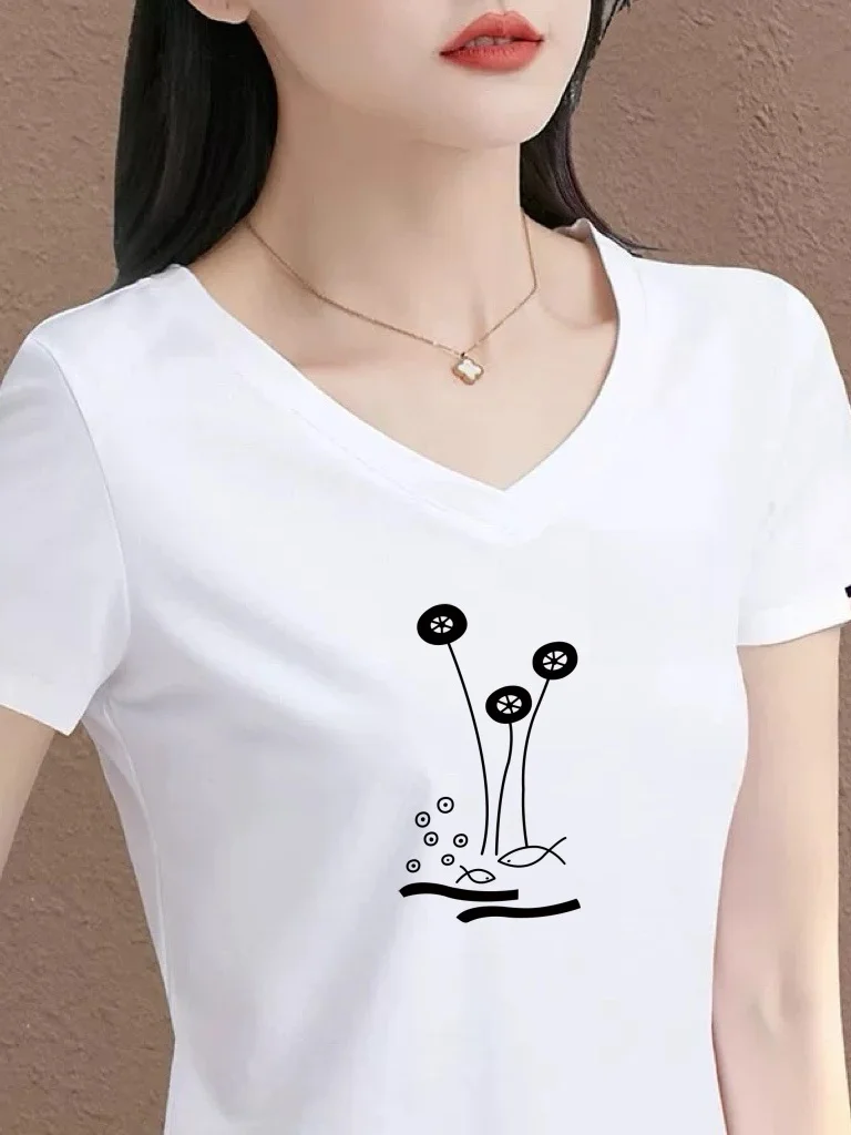 

White V-Neck Short Sleeve T-Shirt Women's Printed Casual Mom's Clothing Color Top Comfortable Standard Size Loose Fit