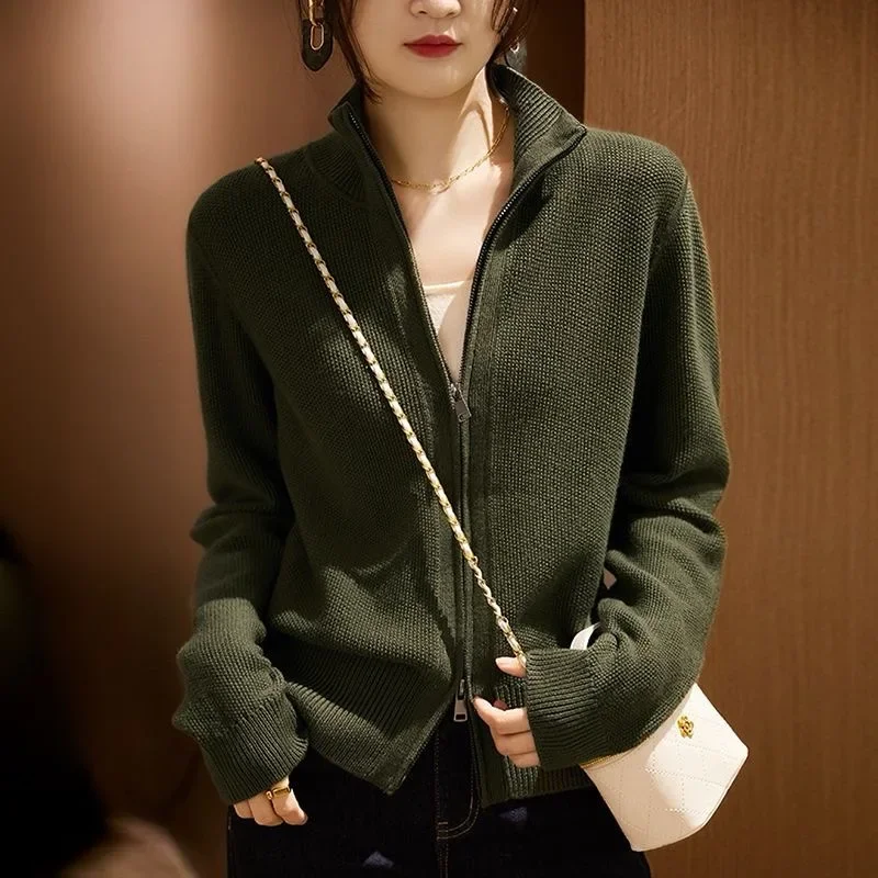 

Темно-серый вязаный кардиган, двубортный короткий топ на молнии, пальто с отложным воротником, Женский облегающий теплый модный свитер в Корейском стиле на осень и зиму