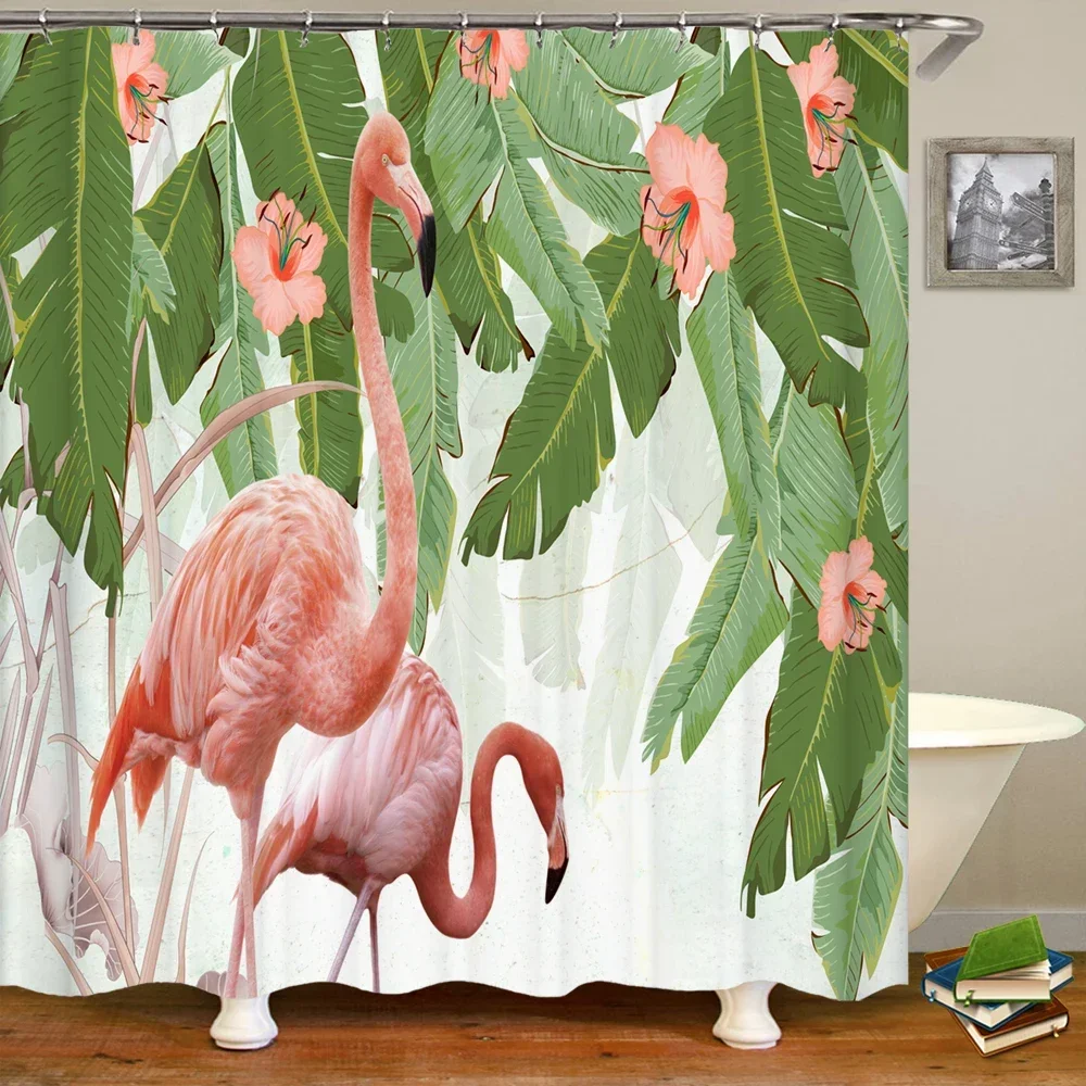 Pink bird flamingo tropical plants print home decoration shower curtain polyester bathroom waterproof curtain with hook 180x180