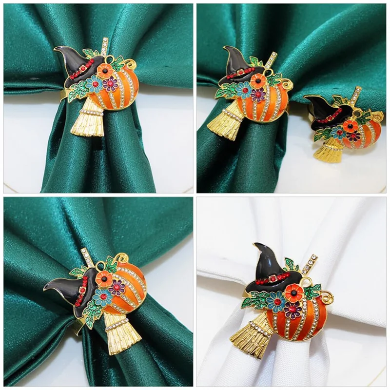 

AB47-4Pcs Halloween Napkin Rings Pumpkin Witch Napkin Holders Serviette Buckles Halloween Parties Supply Table Decorations