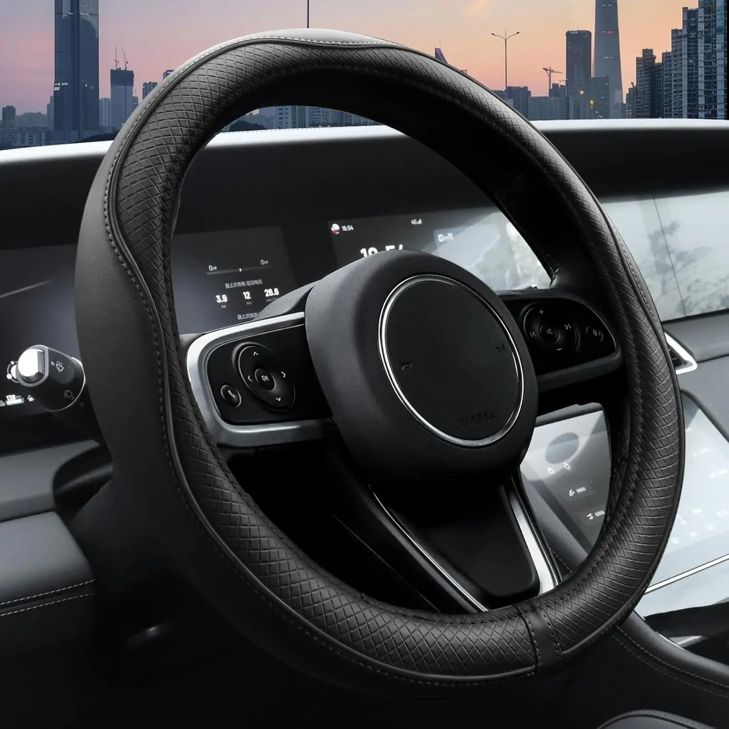 

Universal Microfiber Leather Steering Wheel Cover with Anti-Slip Lining, Fits 14.5-15 Inches, Black