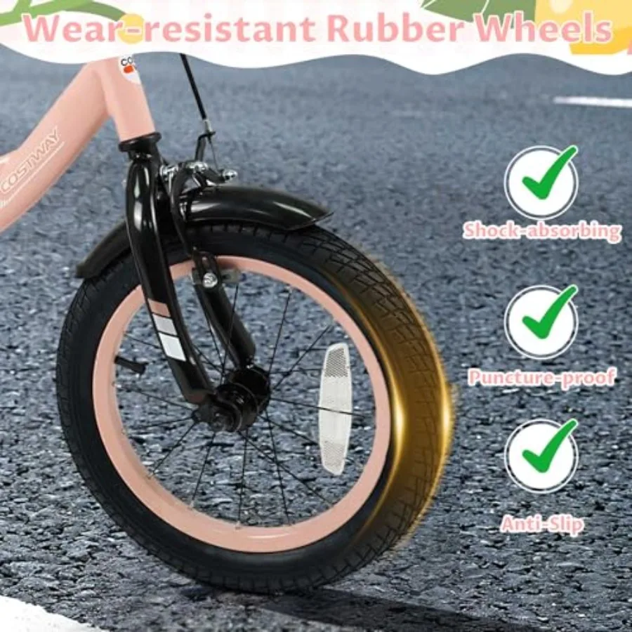 14-inch peuterfiets voor 3-8 jaar oud met afneembare zijwieltjes Dubbele remmen Verstelbare stoel Stuurhoogte Roze fiets