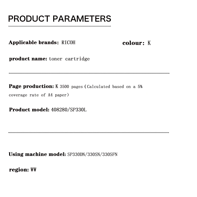 for RICOH  SP330DN/330SN/330SFN toner cartridge 3.5K WW 408280/SP330L