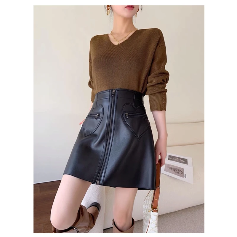 Falda de cuero Pu para mujer, falda acampanada de cintura alta, moda corta, bolsillo de amor, informal