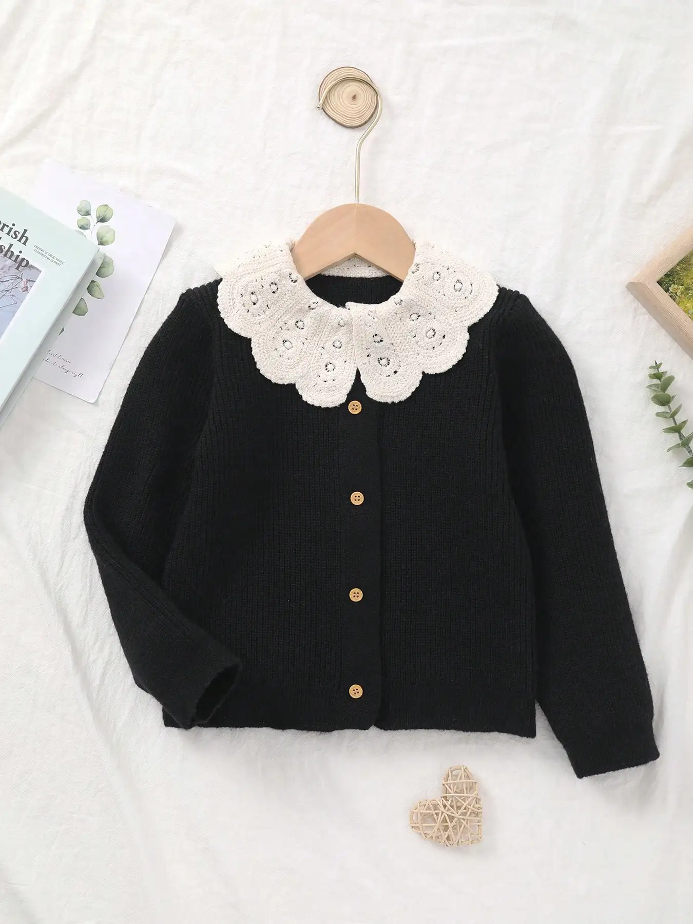 Baby Girl's Knitted Embroidered White Lace Collar Embellished Cardigan Sweater