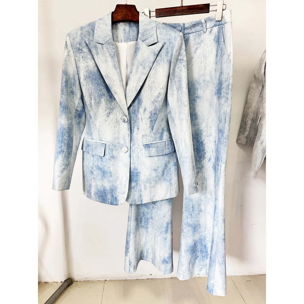 HIGH STREET Newest Fashion 2025 Designer Suit Set Women's Dye Printed Slim Fitting Blazer Flare Pants Sets 2 PCS suits for woman