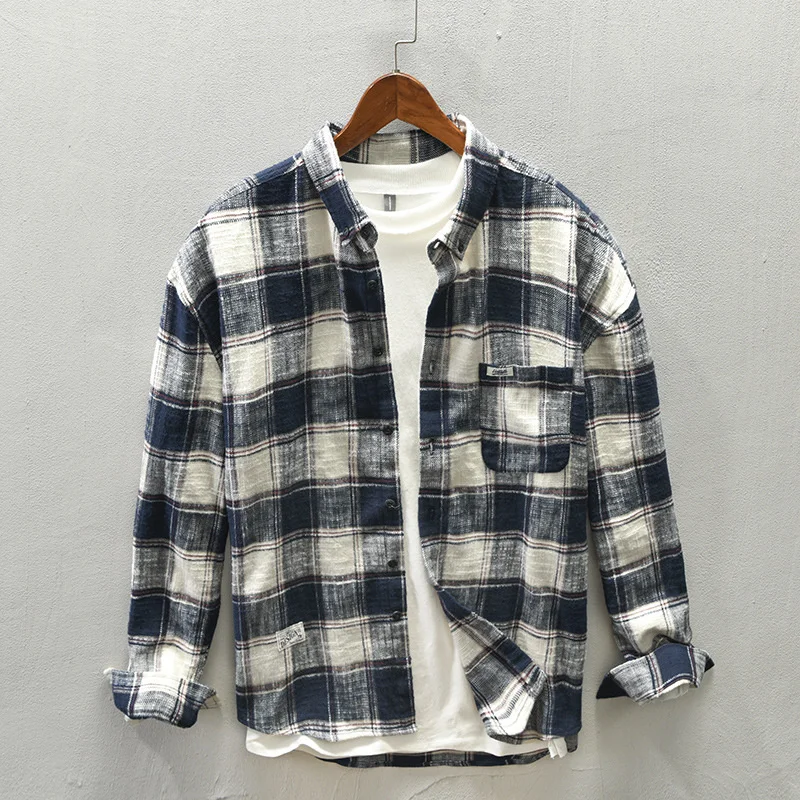 

Men Plaid Long Sleeve Shirt 100% Cotton Anti-pilling Spring Autumn Loose Fashion Streetwear Casual Vintage Checked Shirts Coats