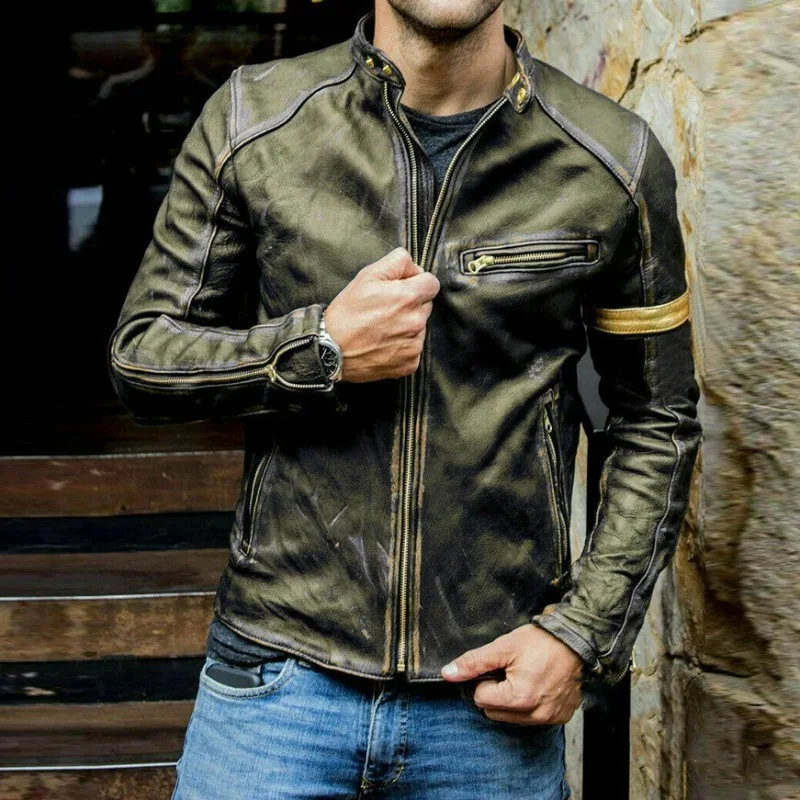 KIDWHXR Herbst Herrenjacke Motorrad Punk Stehkragen Reißverschluss Lederjacke Slim Fit Langarm Winddichte Oberbekleidung für Männer – Detail 6