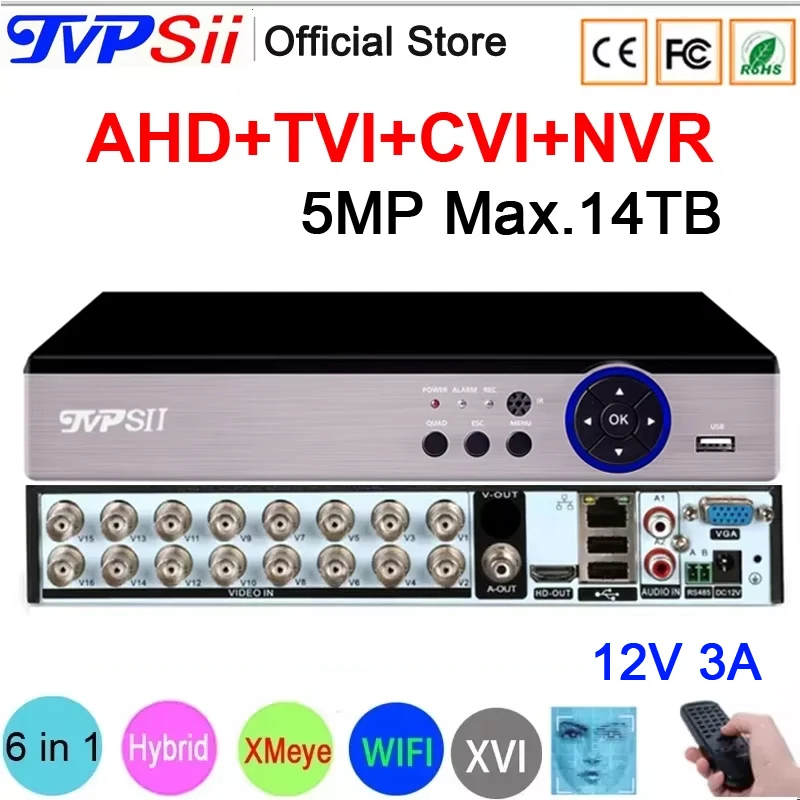 Face Detection XMeye H265+ 5MP 16CH 16 Channel 6 in 1 Audio Hybrid WIFI TVi CVI NVR AHD CCTV DVR Surveillance Video Recoder