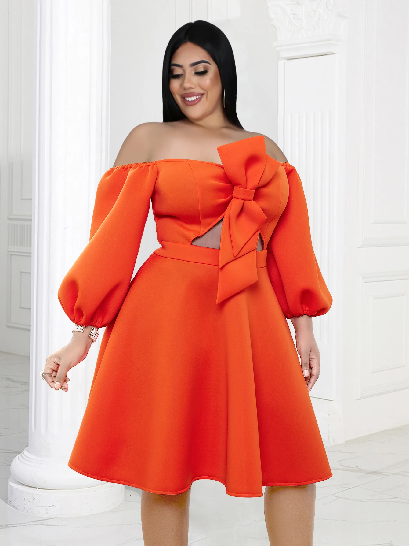 

ONTINVA Ball Gowns Dress for Women Plus Size Orange Off Shoulder Cut Out A-Line Summer Wedding Guest Evening Party Outfits 4XL