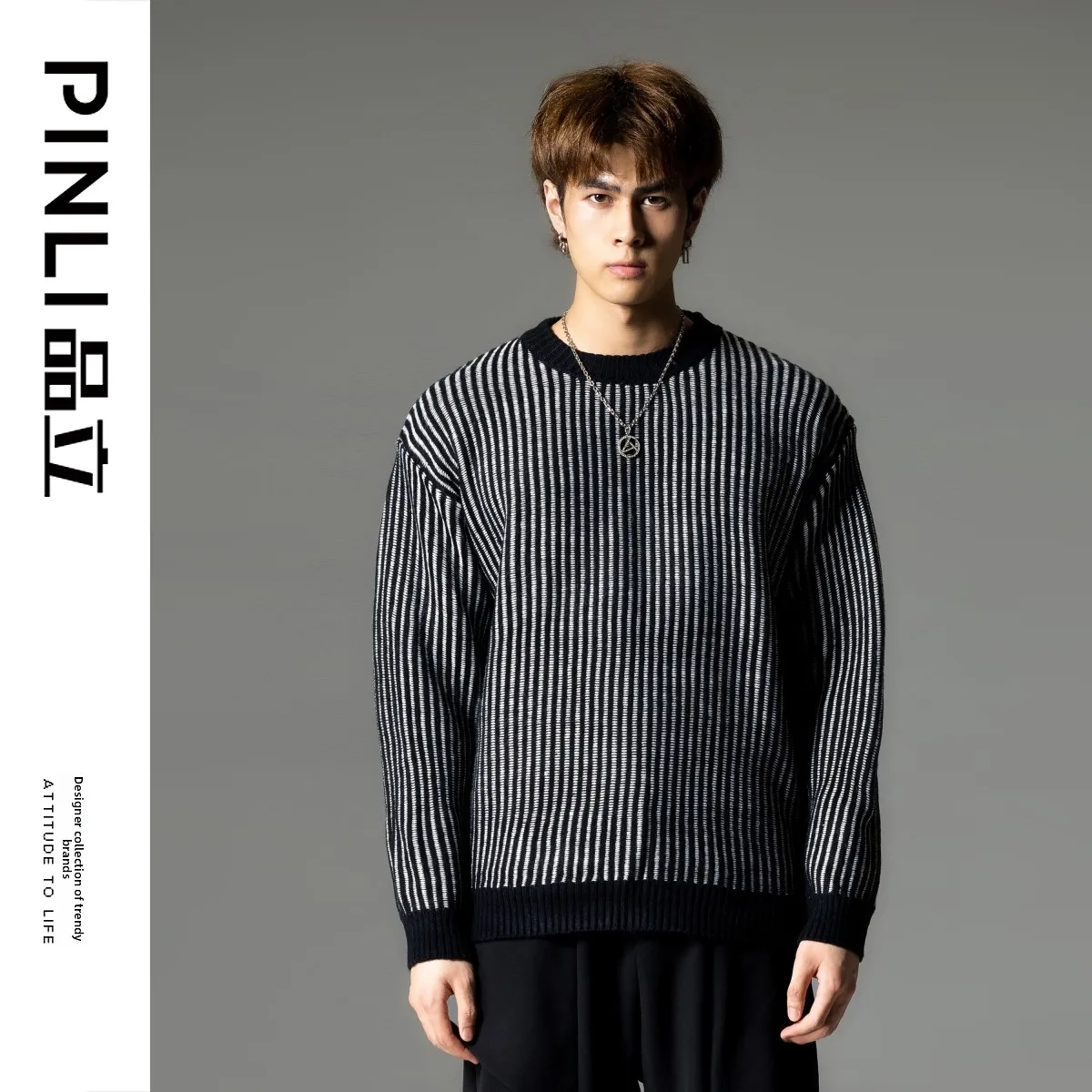 Suéter Masculino Tricotado PINLI, Estilo Faion com tras e Blocos de Cores, Gola Redonda, Nova Chegada de Inverno, Mistur...