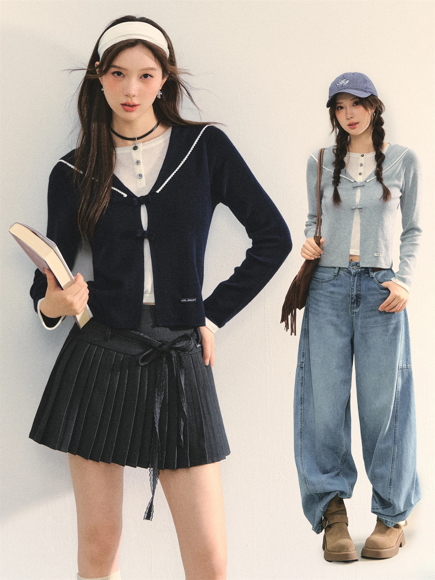 

AsGony Sweet Knot Knitted Cardigan Casual Ne Design Color Blo Fake Two-Piece Top Women's Autumn Faion Soft