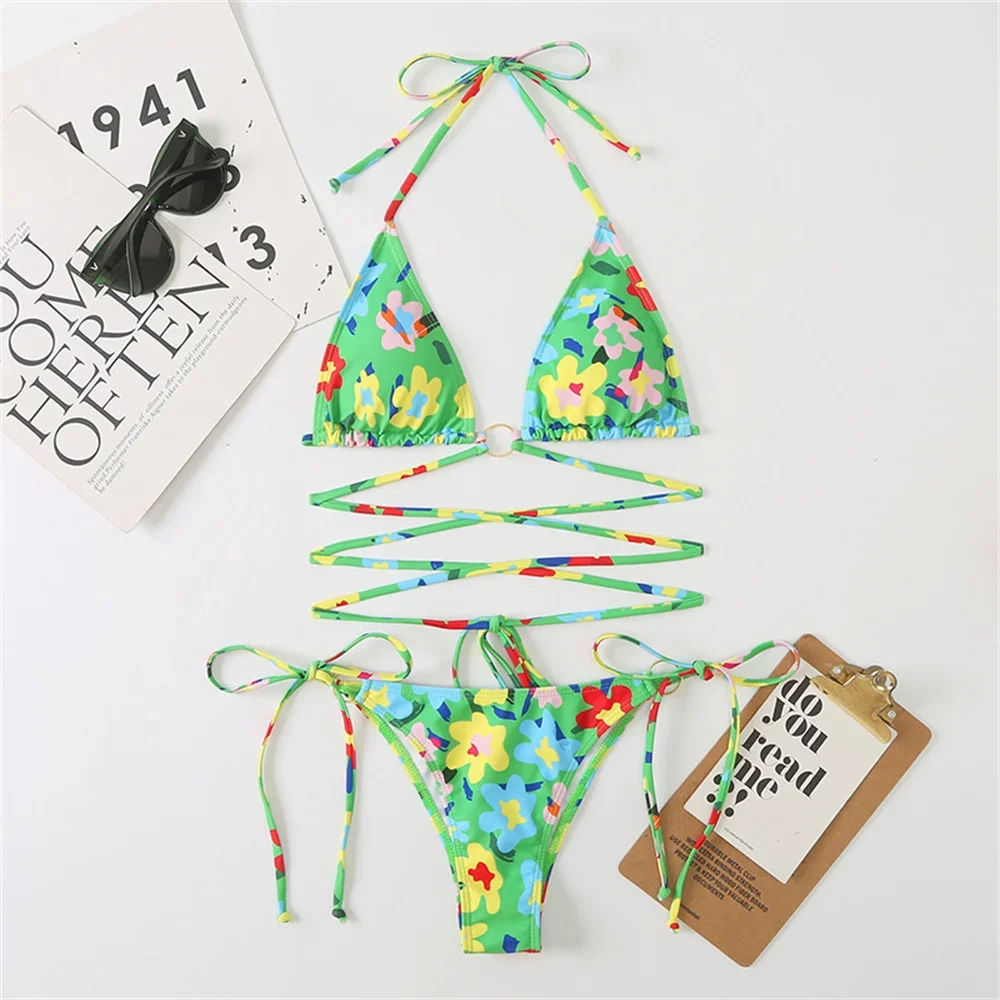 

Kawaii Flower Bikini Micro String Bandge Swimsuit Split Swimwear Triangle Bathing Suit Backless Bikinis Women Beach Outfit Trend