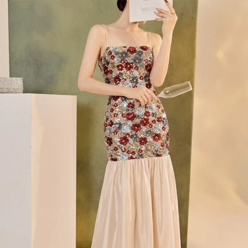 2Piece Women Evening Dress Set Floral Sequin Spaghetti Strap Mermaid Maxi Gown+Cape Wedding Guest Bridesmaid Formal Party Outfit
