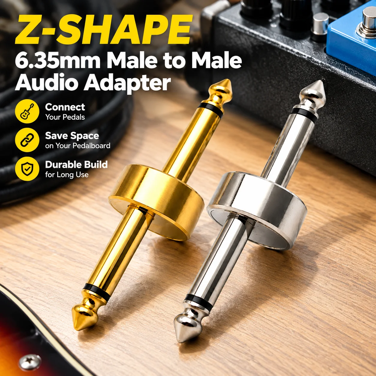 Z-Shape 6.35mm Male to Male Audio Adapter Plug for Guitar Effect Pedal, Gold Silver Finish Pedalboard Connector Link