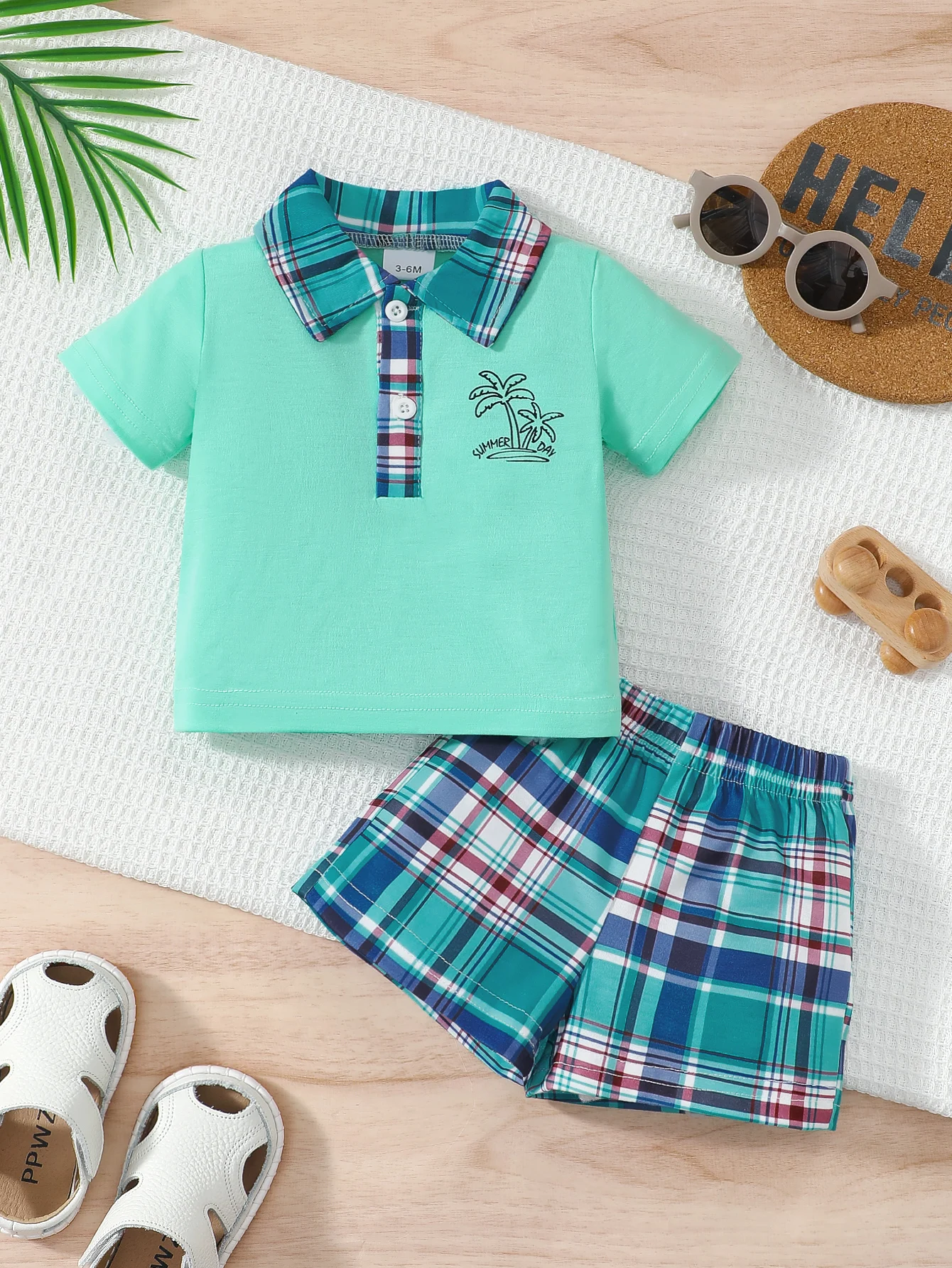 

Летний топ с короткими рукавами и лацканами для маленьких мальчиков 0-1 лет и шорты в клетку с принтом, повседневный комплект из 2 предметов