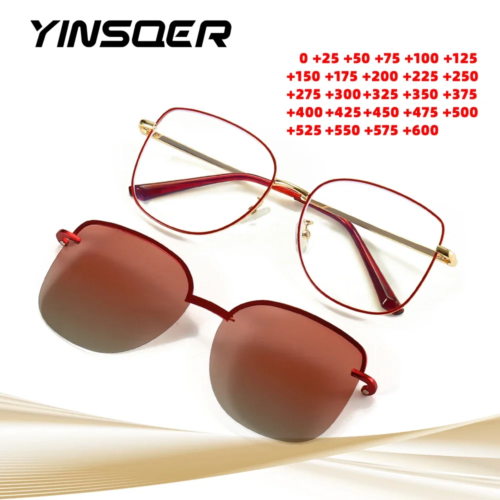 

New Women Square Magnetic Clip Polarized Sunglasses Optical Spectacle Frame Anti Blue Computer Prescription Sun Glasses 2 in 1