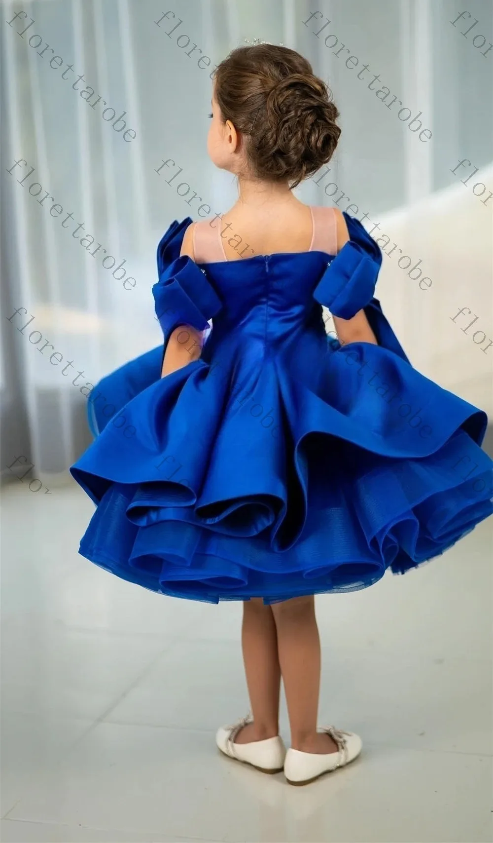 Customized Royal Blue Satin Kids Short Ball Gown Square Neck Off Shoulder Puff Sleeve Multi Layer Ruffle Wedding Birthday Party