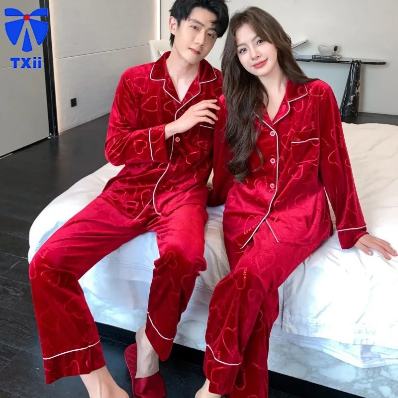 Autumn and Winter Gold Diamond Velvet New Couple Pajamas Red Wedding Embossed High-end Outer Wear Long-sleeved Home Clothes