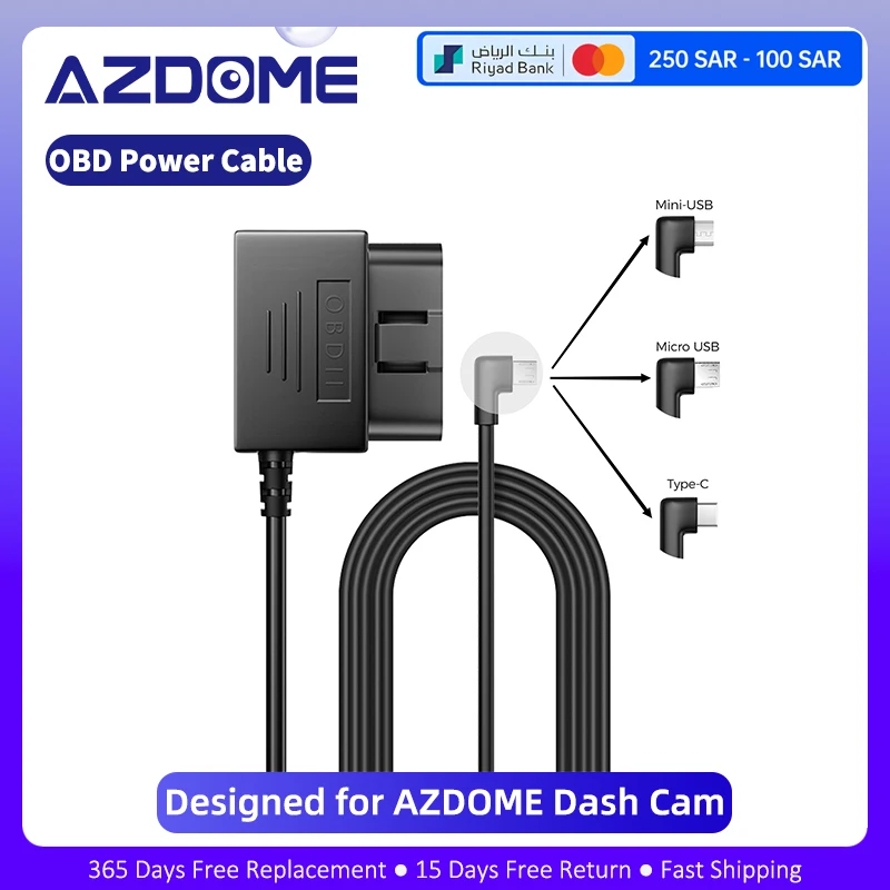 AZDOME Type-C USB Port OBD Hardwire Kit for Dash Cam 12-24V to 5V Power Cable for Car Camera Support Parking Mode Micro MINI USB