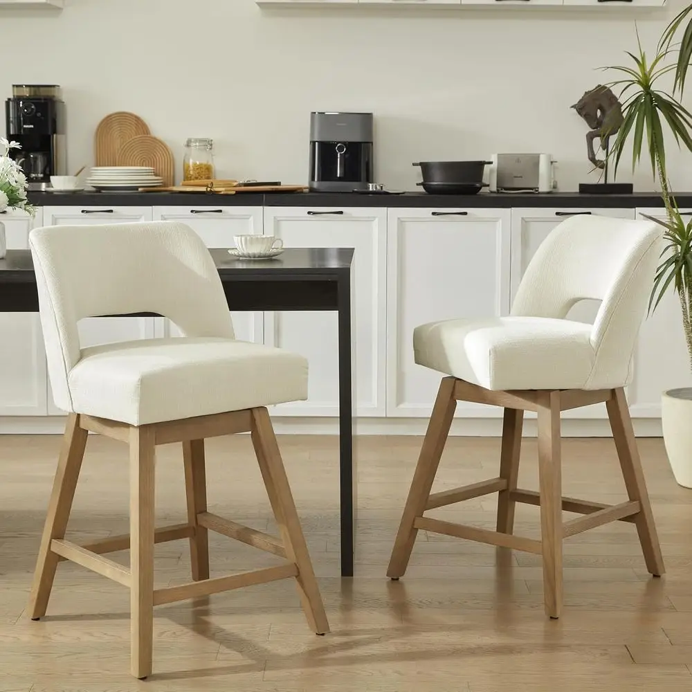 Set of 2 Upholstered Swivel Bar Stools, Counter Height, Solid Rubberwood Legs, Suitable for Kitchen Island, Breakfast Bar, Livin