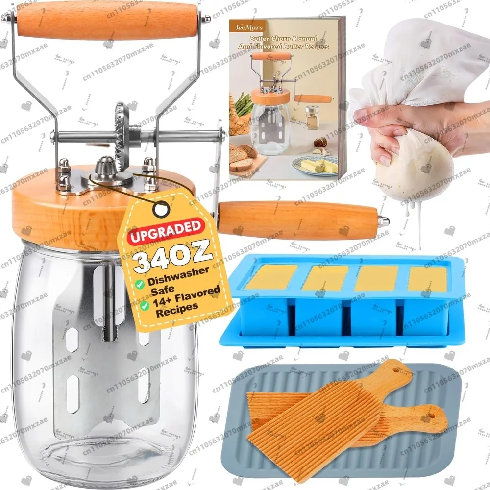 

2026 HOT 34 oz Mason Jar Butter Maker Kit Hand Crank Churner Butter Paddle Mold Cheesecloth for Homemade Fresh Butter Making