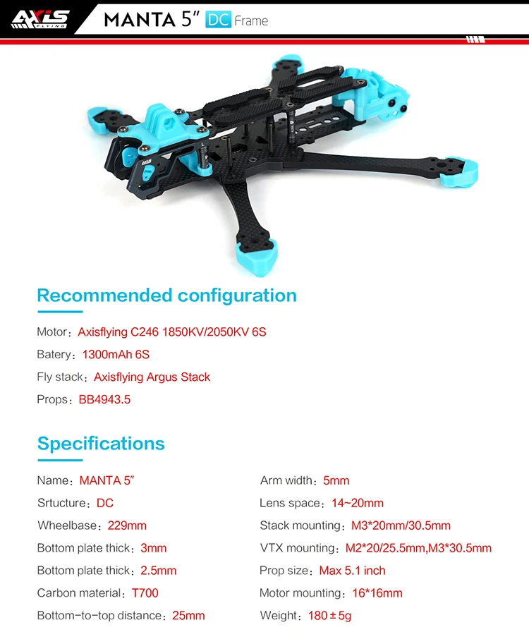 

Axisflying MANTA3.6 Inch /MANTA 5inch DC /MANTA 6inch DC Drone Frame KIT For O3 FPV Drone