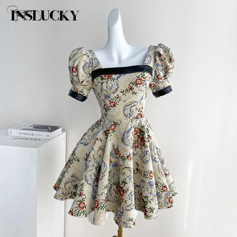 

InsLucky Vintage Luxury Elegant Palace Mini Dress Women's Lantern Sleeve Corset Ball Gown Dresses Patchwork Club Partywear 2024