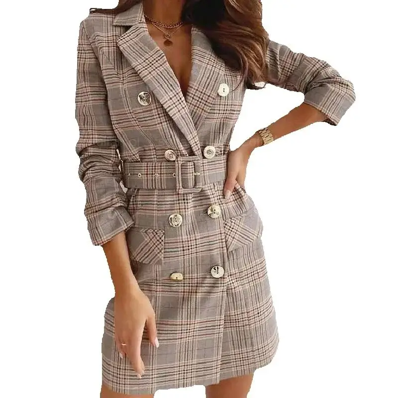 New Autumn Women's Loose Version Suit Coat Double Breasted Elegant Long Sleeve Plaid Print Knee-length Dress Slim Office Lady