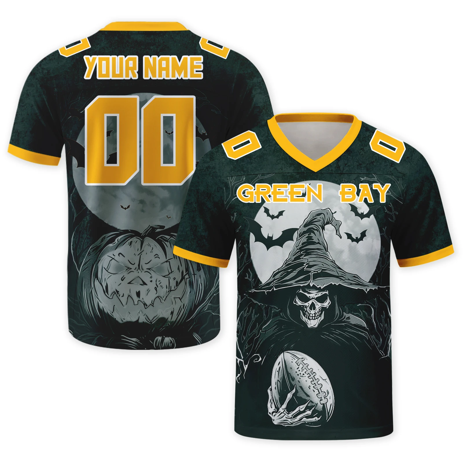 Custom Green Bay City American Football Jersey Personalized Halloween Skull Football Shirts Add Name & Number for Team Fans