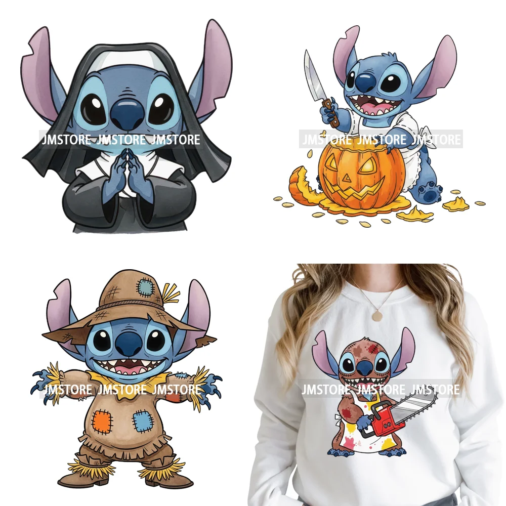 

Spooky Scary Cute Cartoon Blue Animal Halloween Horror Vibes Iron on DTF Washable Transfers Stickers Ready to Press for Clothing
