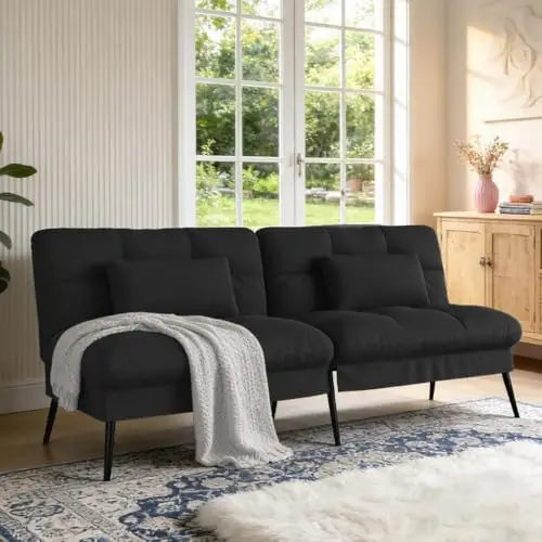 72″ Futon Sofa Bed, Sleeper Sofa with Adjustable Backrest, Black