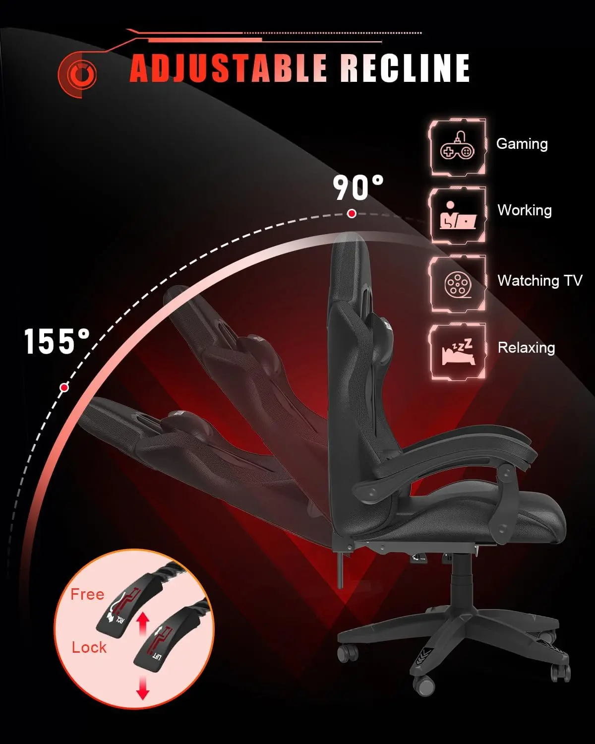 Gaming Chair with RGB LED Lights for Kids & Adults (Black) | High-Back Ergonomic Gamer Chair with Headrest & Lumbar Support, Rac