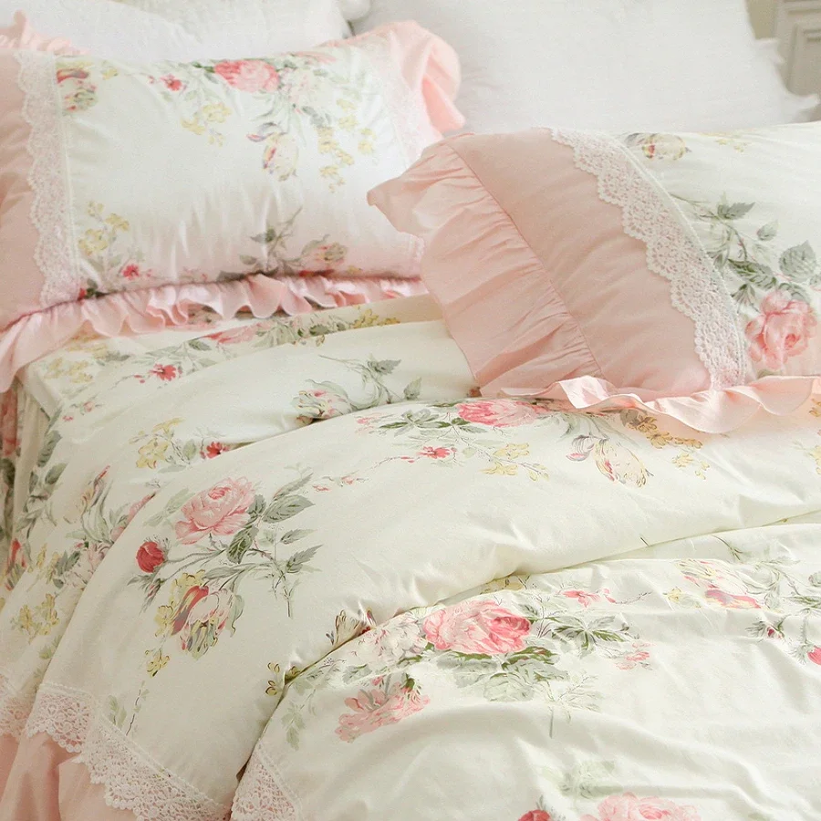 French Country Princess Style Bedding Set Pure Cotton Lace Ruffled Duvet Cover Sets King Bed Skirt Beddings Linens Pillowcase