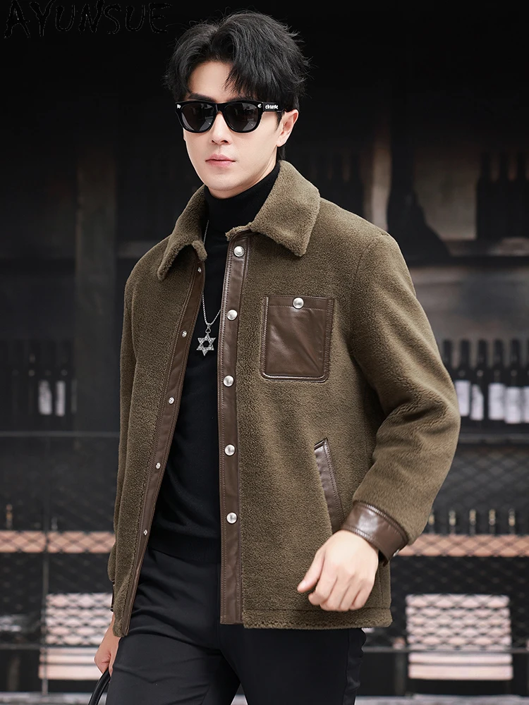 AYUNSUE 100% Wool Coat for Men Winter 2025 Korean Fashion Sheep Shearing Jacket Man Warm Woolen Splice Genuine Leather Outwears