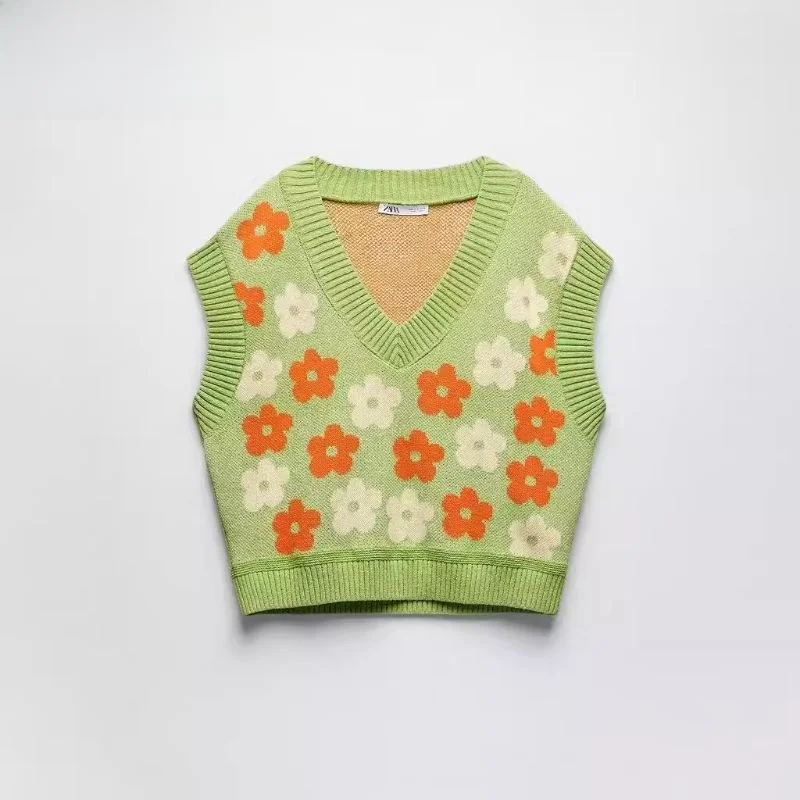 Damska dzianinowa bluzka typu \"lazy vest\" z haftem kwiatowym, koreański luźny krój, sweter z dekoltem w serek, włókno poliestrowe.