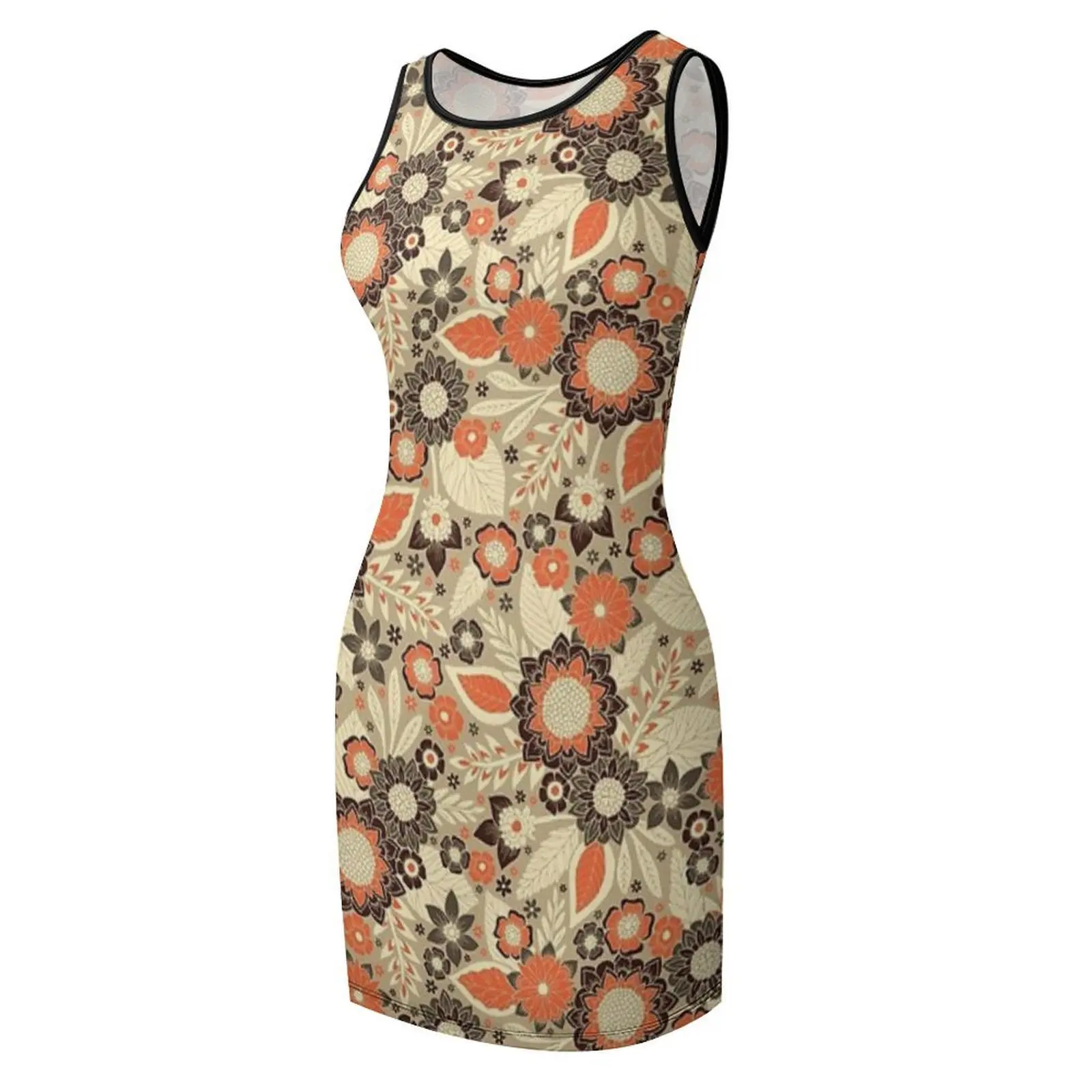Retro Orange, Brown & Cream 1970s Floral Pattern Sleeveless Sundress Women's clothing Women's evening dress