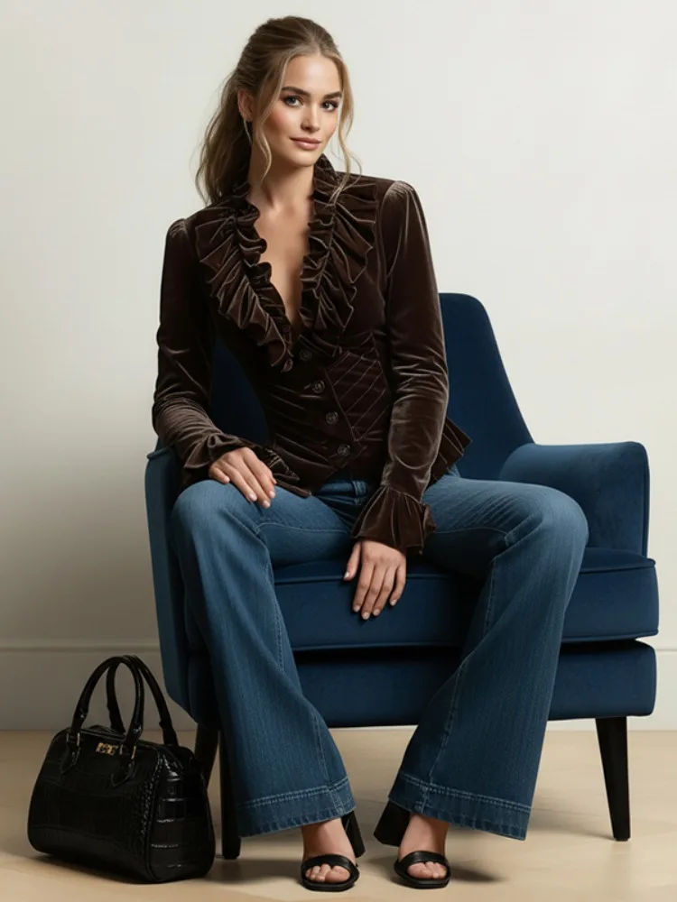 UOOZEE 2026 New Spring Women's Vintage Velvet Ruffle Blouses Flared Sleeves Buttoned  Deep V-Neck Slim Fit Elegant Party Tops