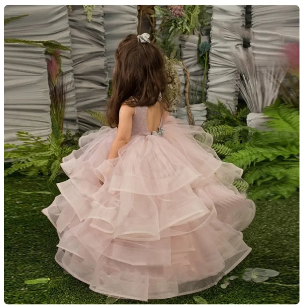 Lovely Pink Flower Girl Dress for Wedding Layered Tulle Lace Appliques Sleeveless First Communion Dress Birthday Ball Gown